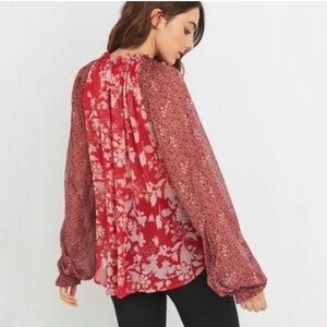 Free People | Red Hendrix Sheer Floral Long Sleeve Blouse